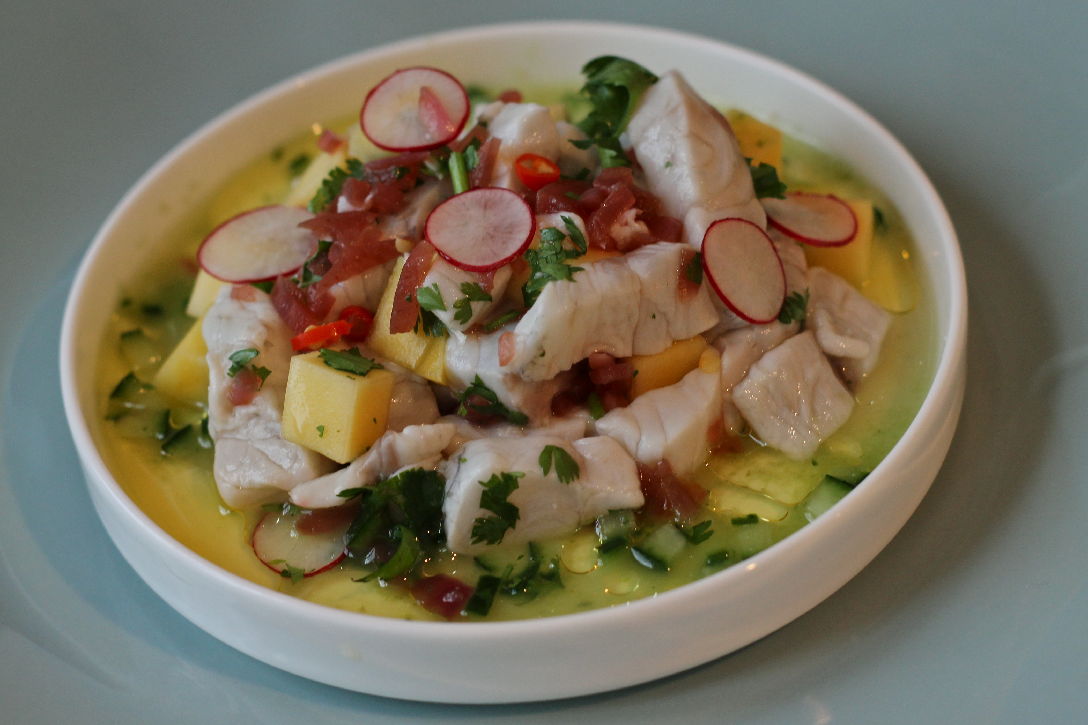 Ceviche with mango and cucumber water - Charlotte Puckette