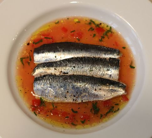 Seared Sardines with Tomato Water, Lime and Herbs