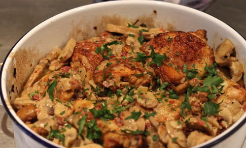 Chicken and Cremini Mushrooms cooked in White Wine