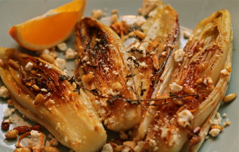 Braised Endives with Orange Juice, Pine Nuts and Ricotta Salata