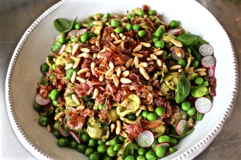 Orecchiette with pesto, peas and pancetta