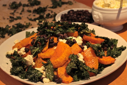 Crispy kale, roasted squash, sautéed black beans and fresh ricotta with ras el hanout