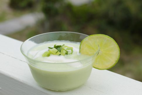 Chilled Avocado and Cucumber Soup with Coconut Milk and Tahini Drizzle