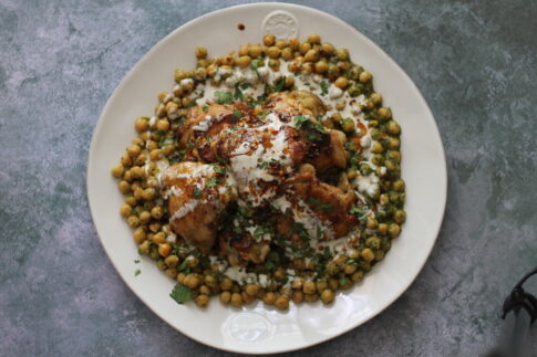 Garlicky Za’atar Chicken & Chickpeas with Herb Pesto, Chili Oil and Tahini