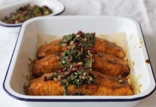 salmon with walnut and barberry salsa