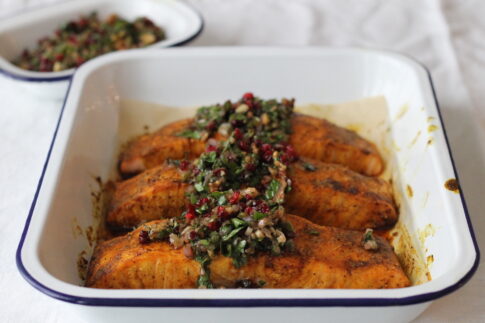 Turmeric Roasted Salmon with Walnut and Barberry Salsa