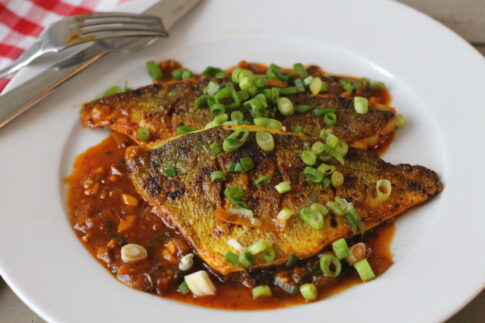 Fish, coriander and pomegrante “stew”