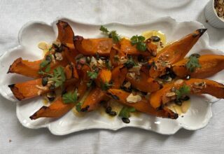 Roasted potimarron wedges with toasted buckwheat, pumpkin seeds and almonds